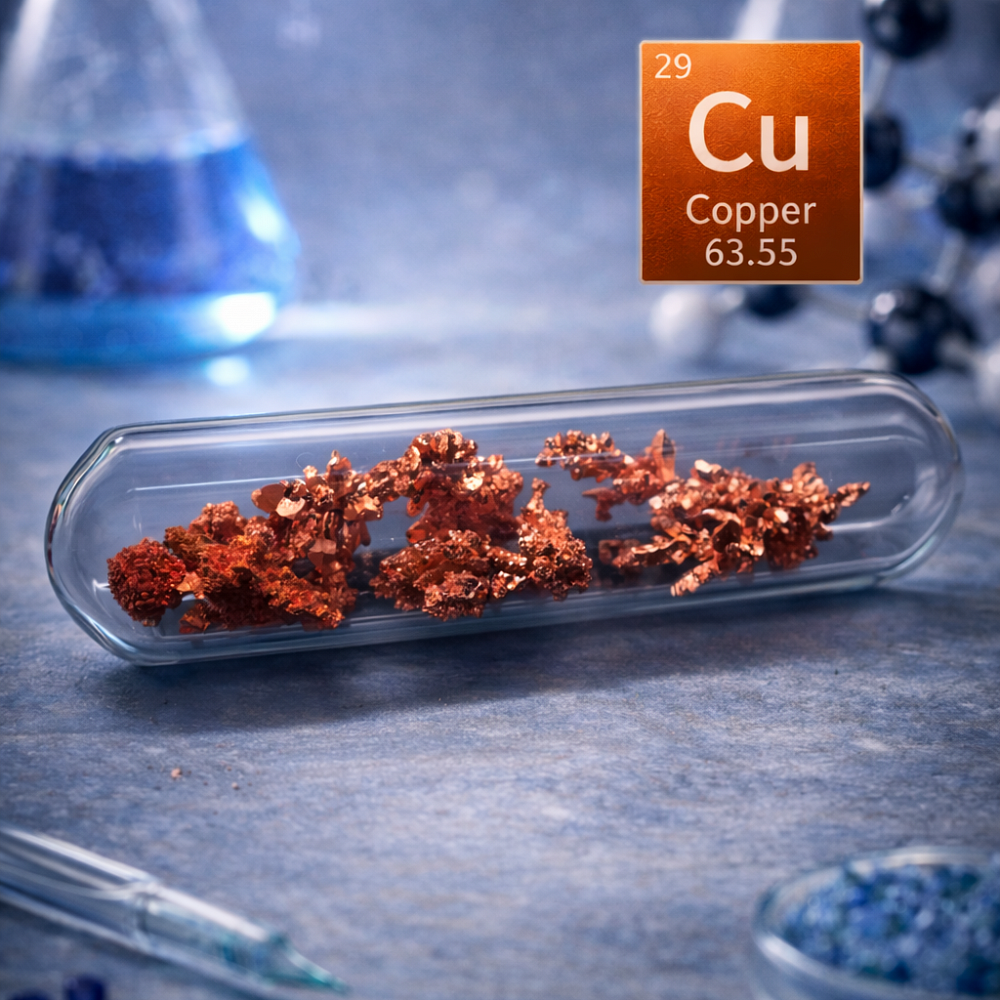 Кристаллы меди внутри ампулы Cu 1-2 гр., 12х70 мм,  99.99%